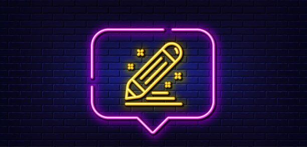 品牌合约线图标。铅笔的迹象。编辑社会营销报告。霓虹灯语音泡泡。向量图片下载
