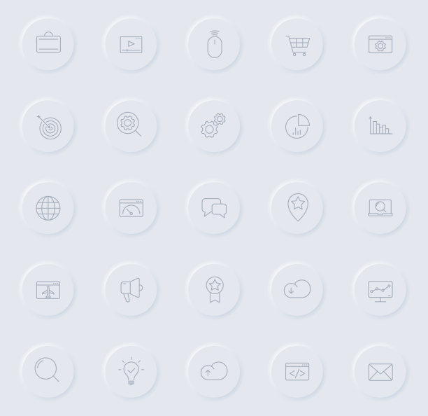 圆形橡胶按钮上的SEO灰色线性图标：网站、APP、UI设计及商业印刷SEO图标集图片下载