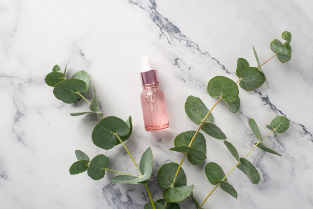天然化妆品的概念。俯视图照片的粉红色透明玻璃滴管瓶和桉树在白色大理石背景图片下载