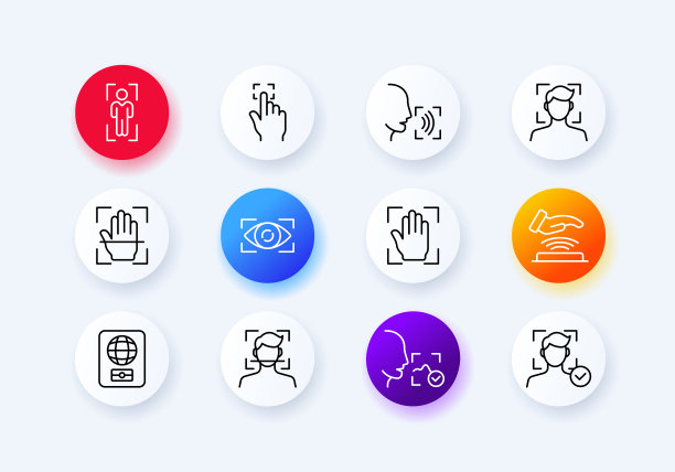 识别设置图标。指纹、照片或声音识别，国际护照。身份验证的概念。新生变形样式。矢量线图标的业务和广告图片下载