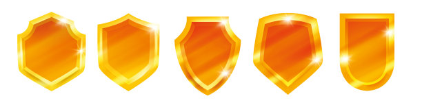 金盾矢量图标集，安全徽章3D工具包，游戏UI奖杯徽章，金属奖纹章标志。图片下载
