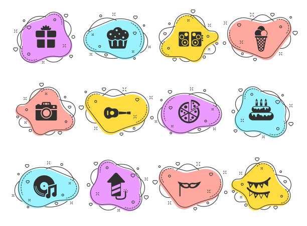 党派字形矢量图标上的彩色气泡形状孤立在白色背景。政党图标设置为网页设计，移动应用程序和UI设计图片下载