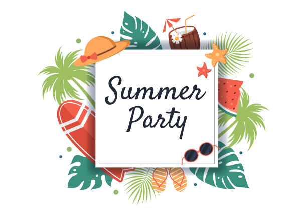 夏季派对卡通背景插图与热带植物，设备在海滩海报或贺卡设计图片下载