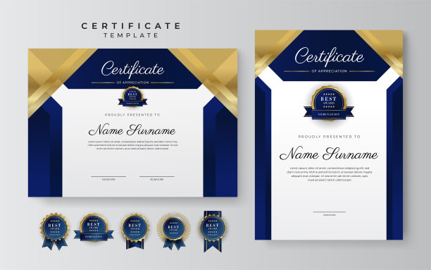 蓝色和黄金证书的成就边界模板与豪华徽章和现代线模式。为了奖励、商业和教育需求图片下载