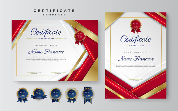红色和金色的成就证书边界模板与豪华徽章和现代线模式。为了奖励、商业和教育的需要图片下载