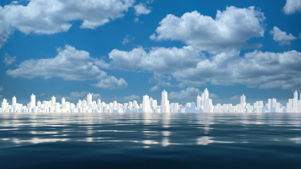抽象的白色城市天际线反映在海湾的水图片下载