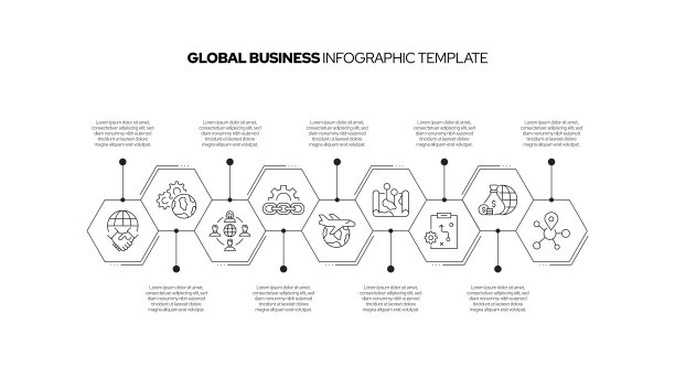 全球商业概念矢量线信息图形设计图标。9选项或步骤的介绍，横幅，工作流程布局，流程图等。图片下载