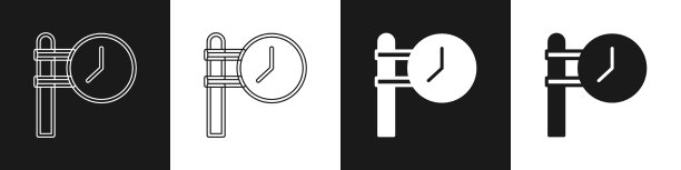 设置火车站时钟图标孤立在黑色和图片下载