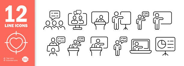 在线教育设置图标。大学，老师，情侣，主持人，会议，图表。学习的概念。新生变形样式。矢量线图标的业务和广告图片下载