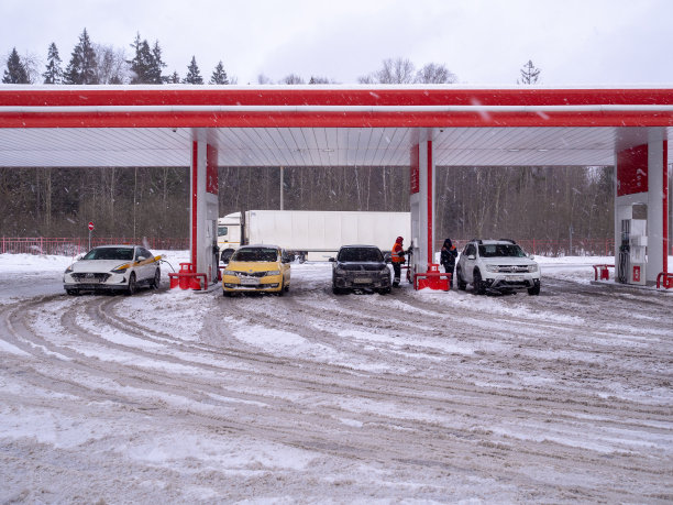 下雪的冬日里，加油站里的汽车。图片下载