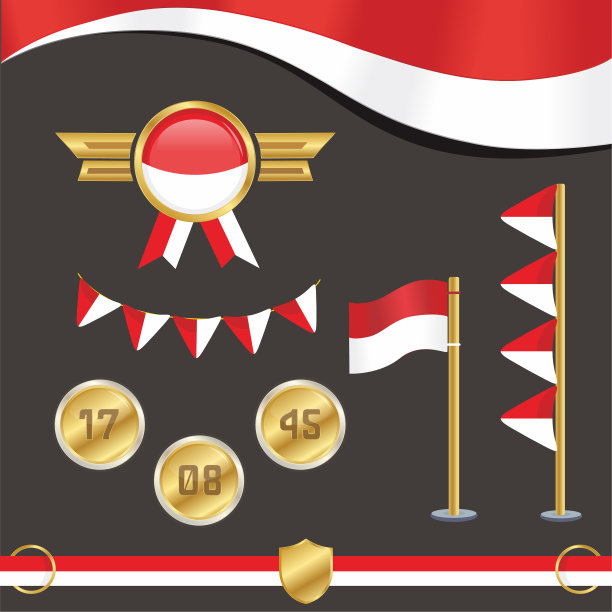 将印尼国旗镶上金徽章和旗杆图片下载