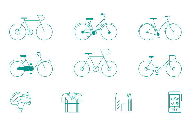 自行车图标中风的风格。自行车，头盔，运动衫，短裤图标，自行车设置在白色背景矢量插图图片下载
