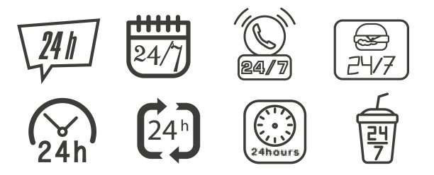 24/7矢量图标集，商店或送货服务图标，全天候元素简图图片下载