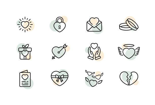 心组图标。情人节，丘比特，箭，心碎，情人节，明信片等等。爱的概念。矢量线图标的业务和广告图片下载