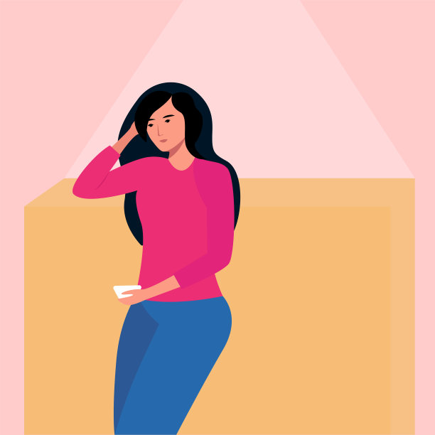 可爱的女孩靠在柜台上喝咖啡。平面向量。图片下载