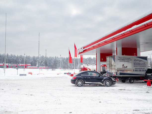 大众甲壳虫轿车停在卢克石油加油站。图片下载