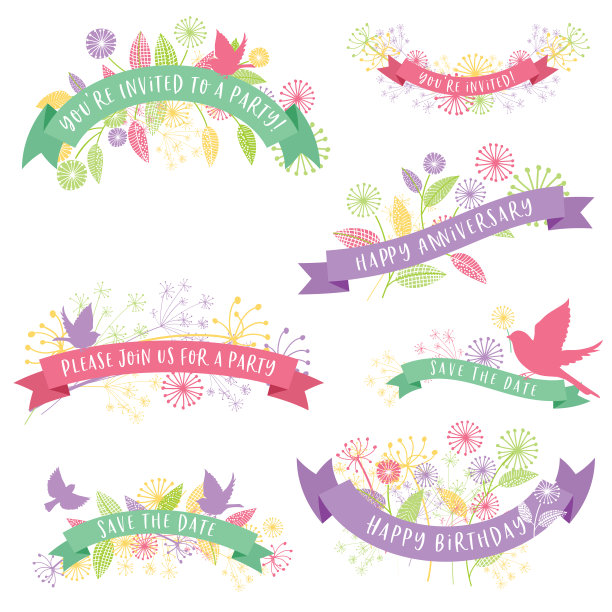 一套野花花横幅与丝带，鸟和文字图片下载