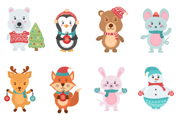 一套可爱的圣诞动物雪人角色图片下载