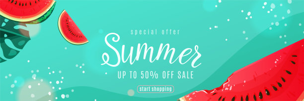 夏季销售矢量横幅上有西瓜片、棕榈叶等设计元素。派对邀请模板的热带乐趣背景。图片下载