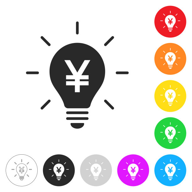 有日元标志的灯泡。彩色按钮上的图标图片下载