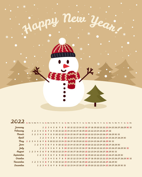 日历2022年雪人戴着帽子和围巾图片下载