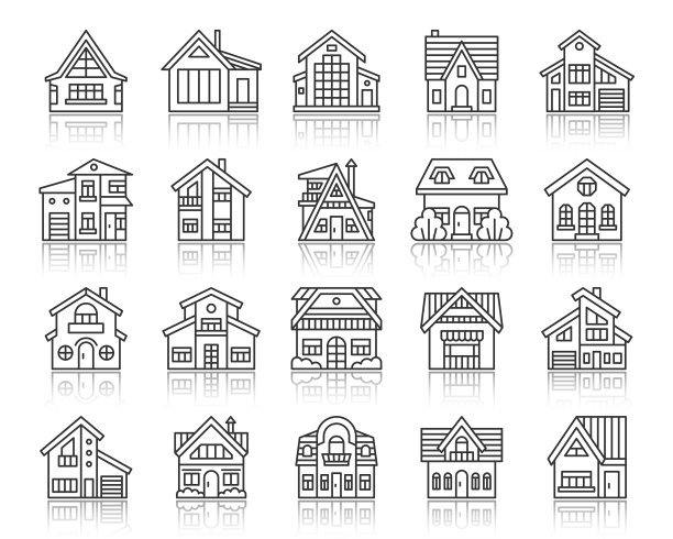 房子村舍简单的黑色线条图标设置图片下载