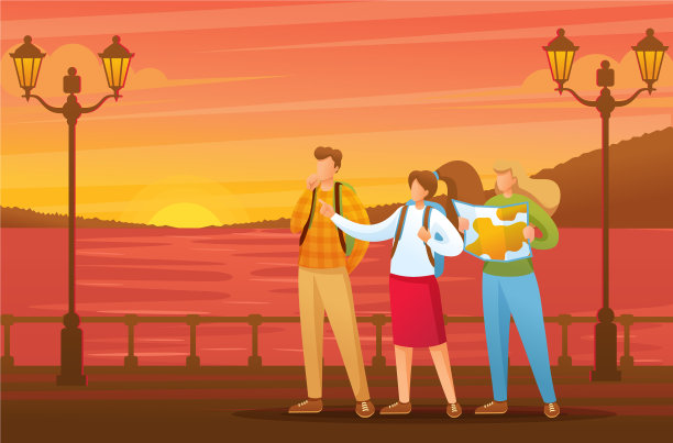 傍晚，游客们沿着海滨散步图片下载