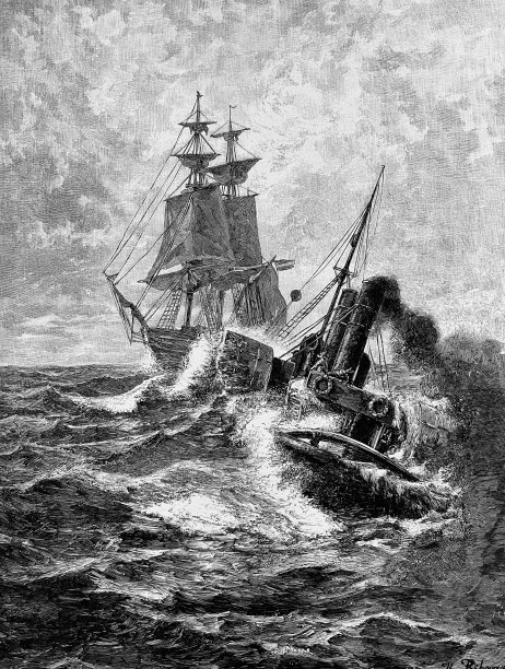 在公海上，拖船拖着一艘帆船图片下载