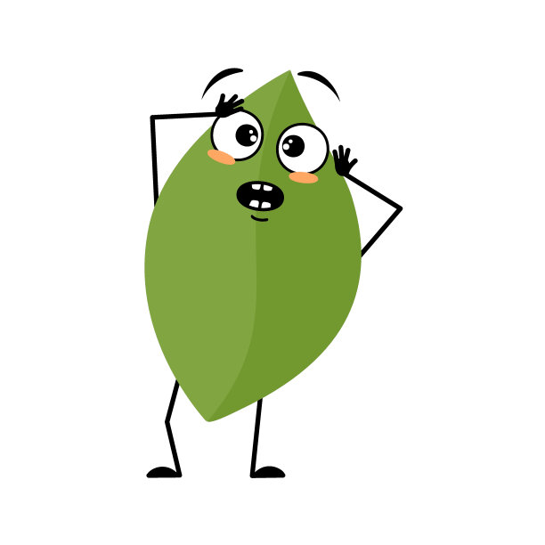 叶性格带着恐慌的情绪，惊讶的脸，震惊的眼睛，手脚。害怕表情的人，绿色植物的表情。矢量平面插图图片下载