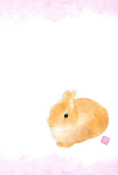 2023年日本水彩画兔年贺年卡-兔和日本图案(亚麻叶)图片下载