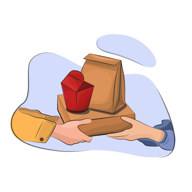 现成的食品去纸板包装生态友好餐红色交货样品订购产品盒非接触交货检疫手与包裹运输库存矢量平面二维插图图片下载