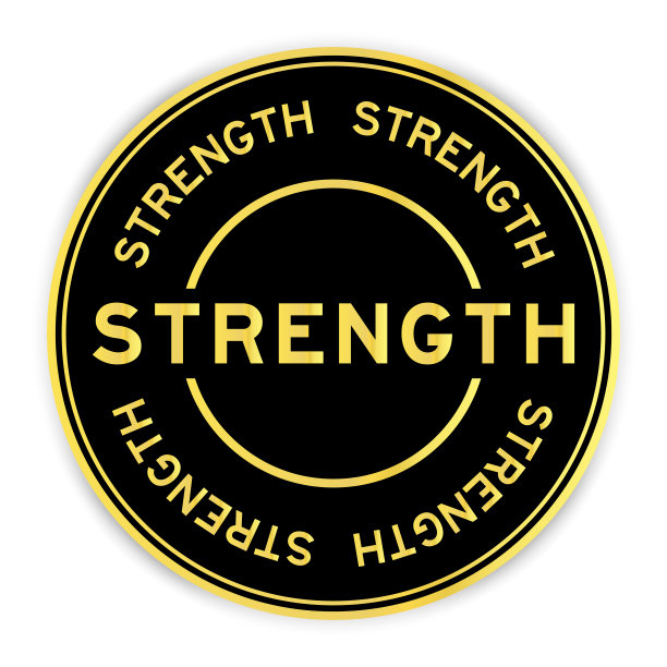 黑色和金色圆形标签不干胶，白色背景上有文字强度图片下载