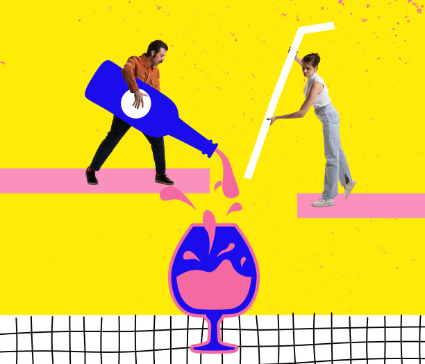 当代艺术拼贴。灵感，创意，时尚都市杂志风格。年轻人去酒会，喝红酒，玩乐图片下载