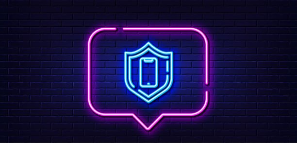 智能手机保护线图标。手机屏蔽信号。移动设备。霓虹灯语音泡泡。向量图片下载