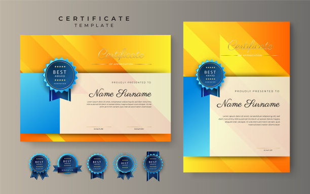 蓝色和黄色的成就证书边界模板与豪华徽章和现代线模式。为了奖励、商业和教育的需要图片下载