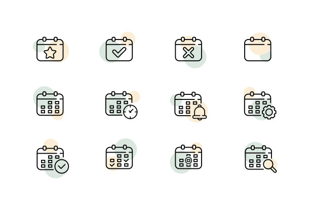 计划设置图标。日历，计划，日期，事件，批准，拒绝，分配，提醒，时钟，齿轮，放大镜，调整，设置。经营理念。矢量线图标的业务和广告图片下载