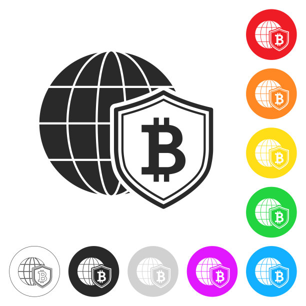 比特币与全球盾。彩色按钮上的图标图片下载