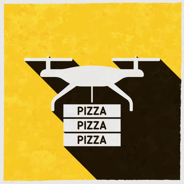 披萨外卖无人机。图标与长阴影的纹理黄色背景图片下载