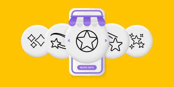 星组图标。评分，标记，星级，成就，反馈，评论。闪烁，盘旋，流星。梦想的概念。UI手机应用屏幕与人。矢量线图标的业务和广告图片下载