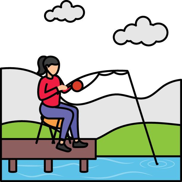 垂钓概念，水上运动矢量色彩图标设计，行为导向符号，个人身份或生活方式符号，可持续生活素材插图图片下载