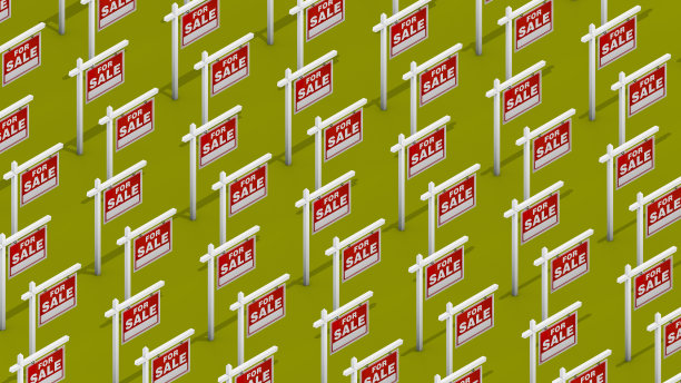 3D图解模式的房地产房屋出售标志在绿色背景与剪切路径。房屋出售的概念。图片下载