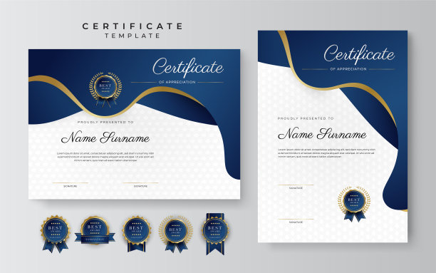 蓝色和黄金证书的成就边界模板与豪华徽章和现代线模式。为了奖励、商业和教育需求图片下载