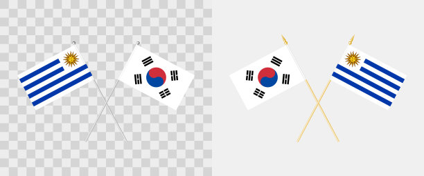 乌拉圭和韩国国旗交叉。班农角28度。可选择不同形状和颜色的旗杆-银色和金色。透明背景上的标志示例。向量图片下载