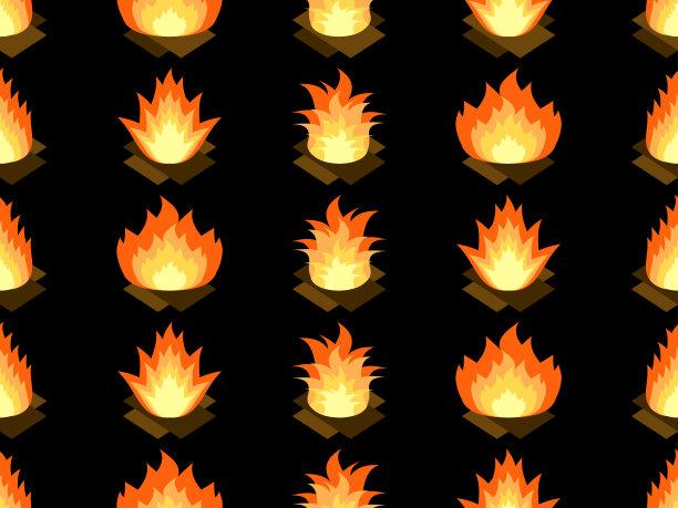 火无缝模式。火焰在一个平面风格的黑色背景。火图标。设计印刷，横幅和包装纸。矢量图图片下载