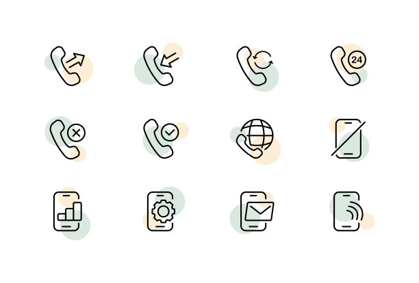 话机基本功能设置图标。来电，来电，已接，未接，未接。支持服务。号码。无声模式。设置,消息。矢量线图标的业务和广告图片下载