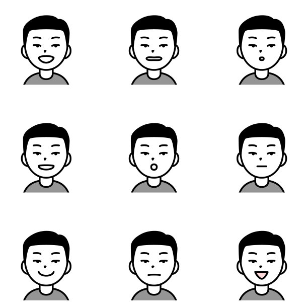 一组不同嘴型(面部表情)的男人插画(白色背景，矢量，剪切)图片下载