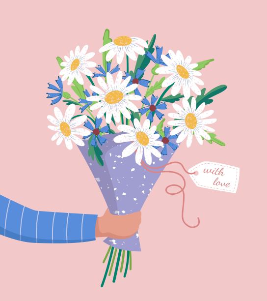 向量捧花手握洋甘菊，红色，橙色，黄色，蓝色和紫色的花孤立在一个粉红色的背景。3月8日情人节图片下载