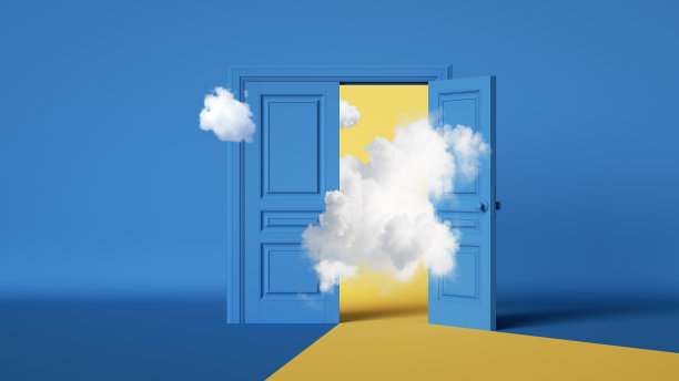 3d渲染，抽象的蓝色背景，打开的双扇门，黄色的光和白色的云。现代最小的壁纸图片下载