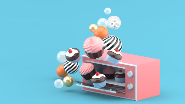纸杯蛋糕从烤箱里飘出来周围是蓝色背景的彩球。3 d渲染。“n图片下载