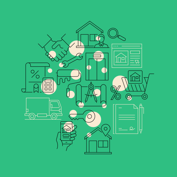 房地产相关设计元素。使用大纲图标的模式设计。色彩斑斓的矢量图图片下载